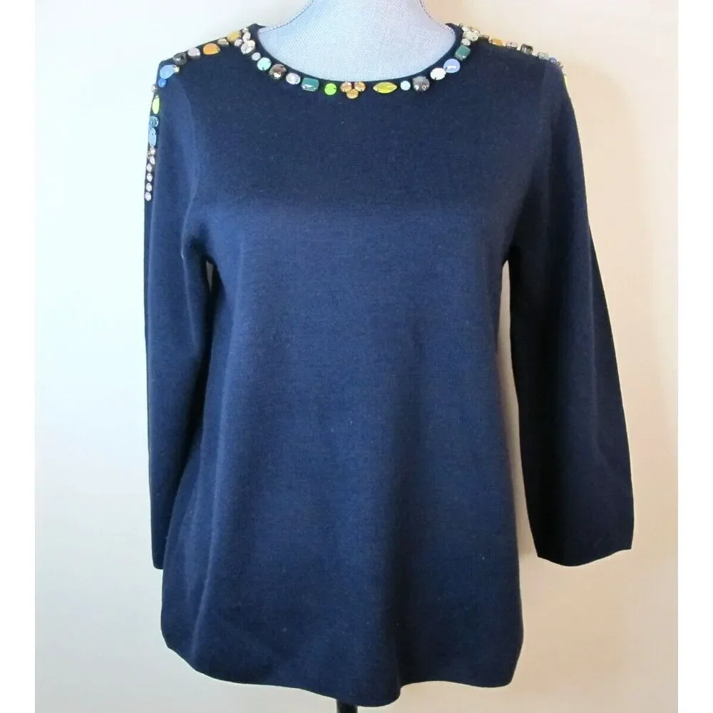 J. Crew‎ Sweater Women's Medium Blue Jeweled Merino Wool Blend Pullover